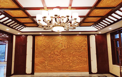阳泉中式别墅客厅中式木作横梁吊顶装饰展示